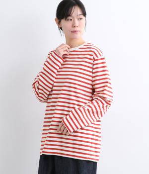 ボーダー クルーネックTシャツ　日本製（オフ×レッド・2）