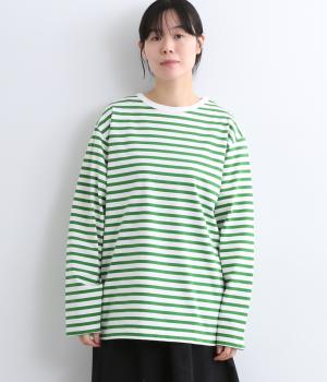 ボーダー クルーネックTシャツ　日本製（オフ×グリーン・2）
