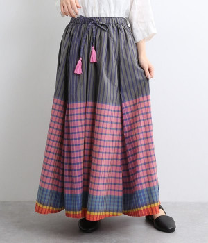 パワールームマドラスチェックサーキュラースカート(ネイビー/ピンク-ONESIZE)