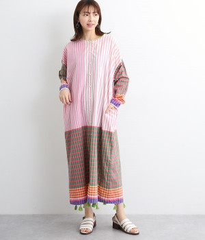 パワールームマドラスチェックワンピースドレス(ピンク/グリーン-ONESIZE)