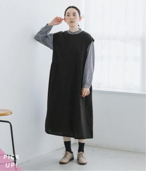 コットンリネン平織り無地起毛ボタン配色2wayリボンワンピース（ブラック・F）