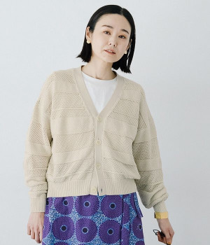 コットンメッシュストライプ　カーディガン(アイボリー-ONESIZE)