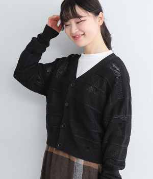 コットンメッシュストライプ　カーディガン(ブラック-ONESIZE)