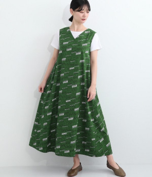 バティックプリント　Vネックワンピース(グリーンルーフ-ONESIZE)