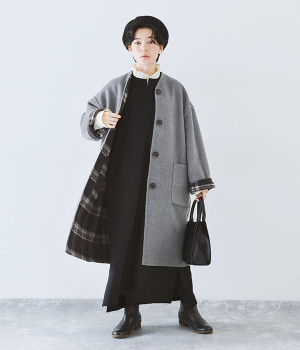 リバーシブル　カラーレスコート(チェック×ダークグレー-ONESIZE)