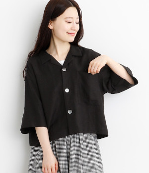 リネンレーヨン　開襟シャツ(ブラック-ONESIZE)