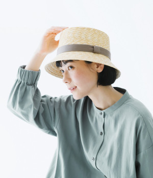 Bucket　麦わらバケットハット(ナチュラル×グレーリボン-ONESIZE)