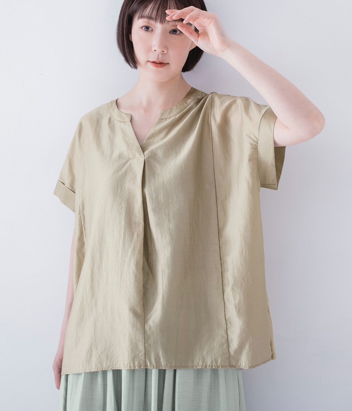 モダール天竺スキッパーブラウス(グレージュ-ONESIZE)