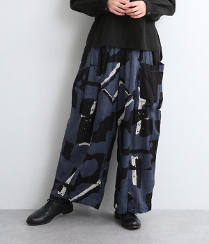 コットンフェイデッドプリントサイドポケットワイドパンツ(ネイビー-ONESIZE)