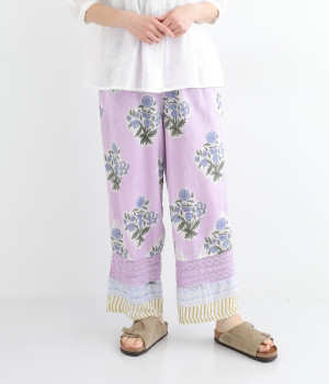 LightVoileハンドブロックプリントストレートパンツ(ラベンダー-ONESIZE)