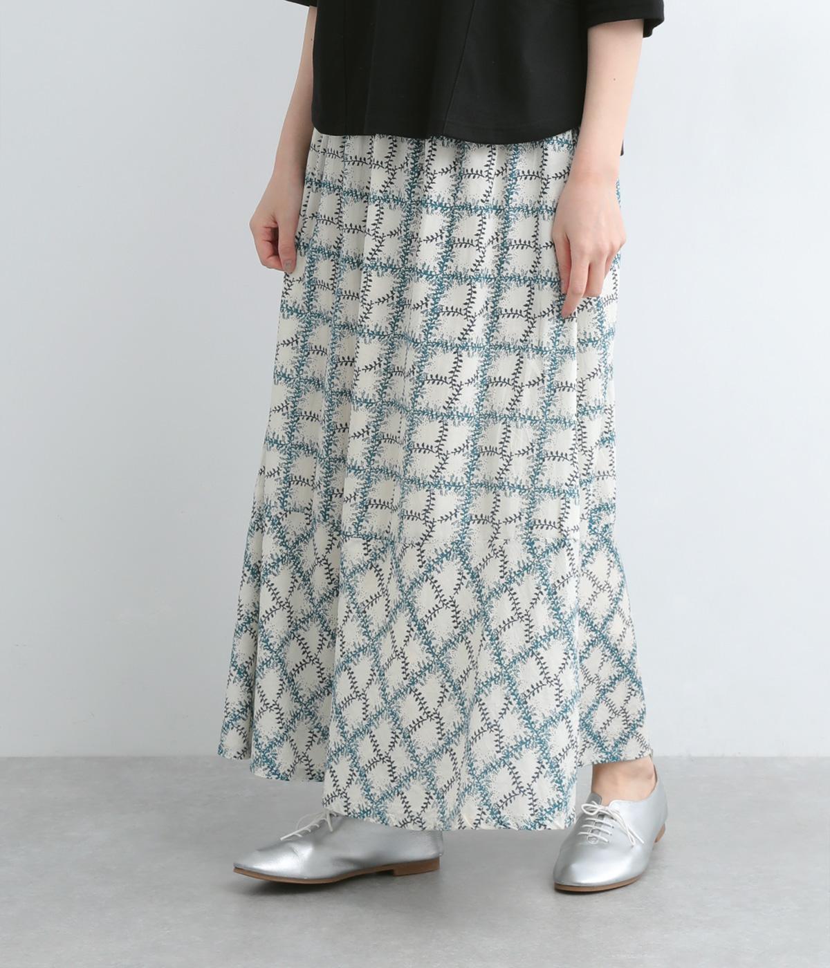 コードコットンリーフチェックプリント裾切り替えギャザースカート(ライトベージュ-ONESIZE)