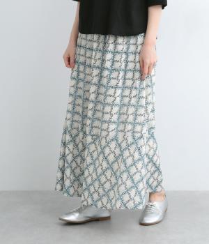 コードコットンリーフチェックプリント裾切り替えギャザースカート(ライトベージュ-ONESIZE)