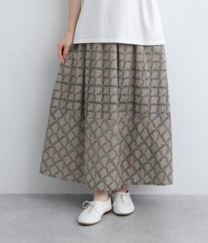 コードコットンリーフチェックプリント裾切り替えギャザースカート(モカ-ONESIZE)