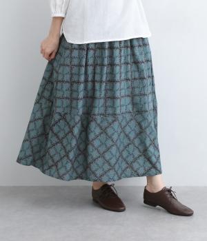 コードコットンリーフチェックプリント裾切り替えギャザースカート(グリーン-ONESIZE)