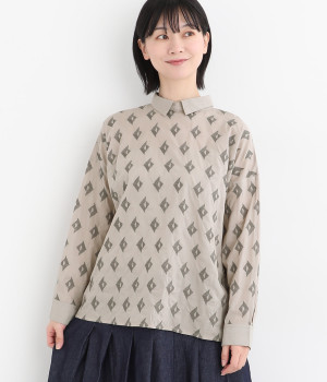 コットンキャンブリックジオメトリー刺繍2wayちび襟ブラウス(グレージュ-ONESIZE)