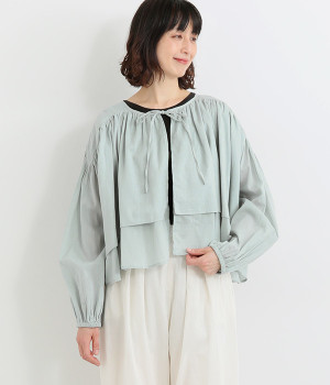 コットンボイル　クロップドギャザーカーディガン(ドールサックス-ONESIZE)