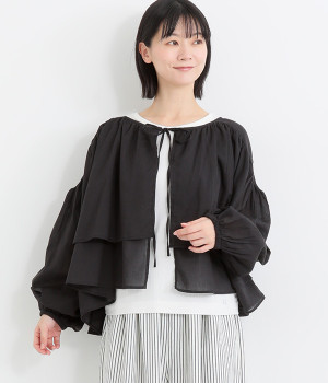 コットンボイル　クロップドギャザーカーディガン(ブラック-ONESIZE)