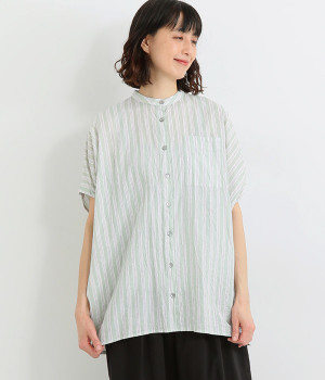 キャンブリック ラフストライププリント　コクーンワイドロングシャツ(ライトミント-ONESIZE)