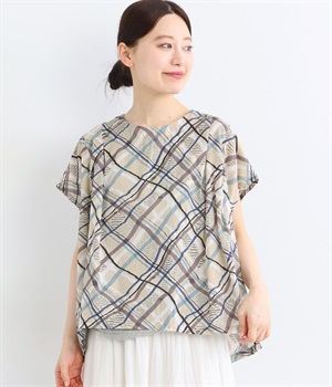 LightVoileチェックプリントフレンチスリーブタックプルオーバー(ベージュ-ONESIZE)