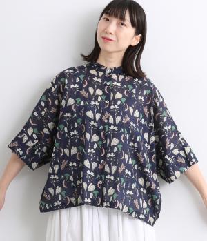 ライトボイル　ミディアムフラワープリントドルマンシャツ(ネイビー-ONESIZE)