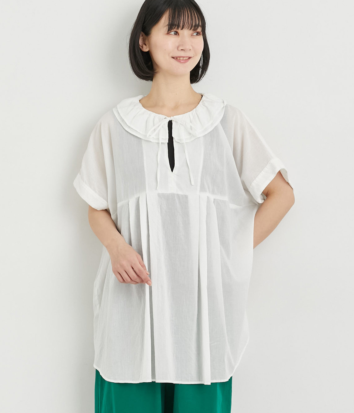 LightVoileフリルカラーチュニック(オフホワイト-ONESIZE)