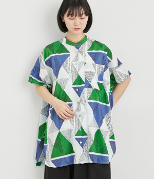 コードコットントライアングルプリントワイドシャツチュニック(グリーン-ONESIZE)
