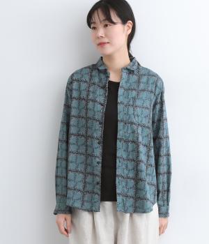 コードコットンリーフチェックプリントレギュラーシャツ(グリーン-ONESIZE)