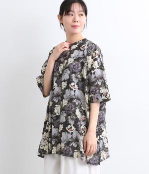 キャンブリックフラワーガーデンプリント後ろタックロングシャツ(ネイビー-ONESIZE)