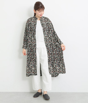 コットンボイルミストプリント　ワイドドルマンワンピース(ブラック-ONESIZE)