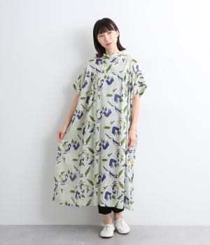 ライトボイル　ブラシフラワープリントスタンドカラー2wayワンピース(セージグリーン-ONESIZE)