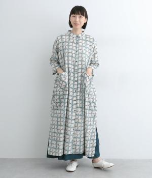 コードコットンリーフチェックプリントチビ襟付きワイドワンピース(ライトベージュ-ONESIZE)