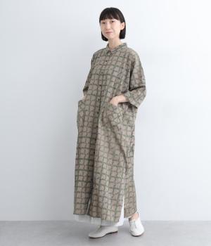 コードコットンリーフチェックプリントチビ襟付きワイドワンピース(モカ-ONESIZE)