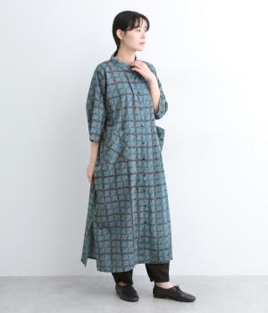 コードコットンリーフチェックプリントチビ襟付きワイドワンピース(グリーン-ONESIZE)