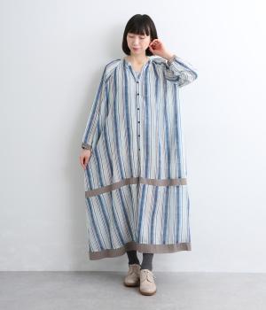 シルクタッチVoileドットストライププリント前開きラグランワンピース(ナチュラル-F)