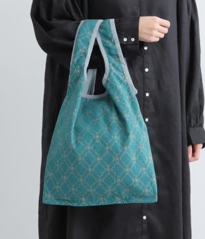 手捺染コットンベルベット　モロッカンプリント　パイピングトートバッグ(ピーコックグリーン-F)