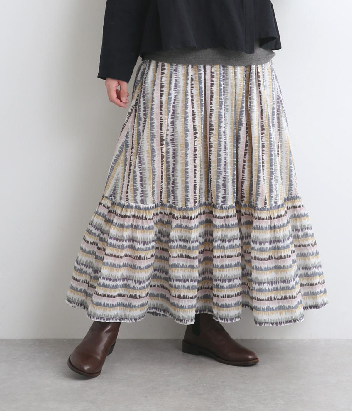 ライトボイルフサフサプリントボリュームギャザーロングスカート(オフホワイト-F)