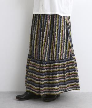 ライトボイルフサフサプリントボリュームギャザーロングスカート(ブラック-F)