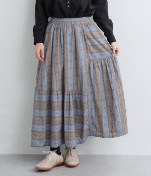 コットンモダール　ストライプフラワープリント　イレギュラーティアードスカート(グレー-F)