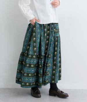 コットンモダール　ストライプフラワープリント　イレギュラーティアードスカート(グリーン-F)