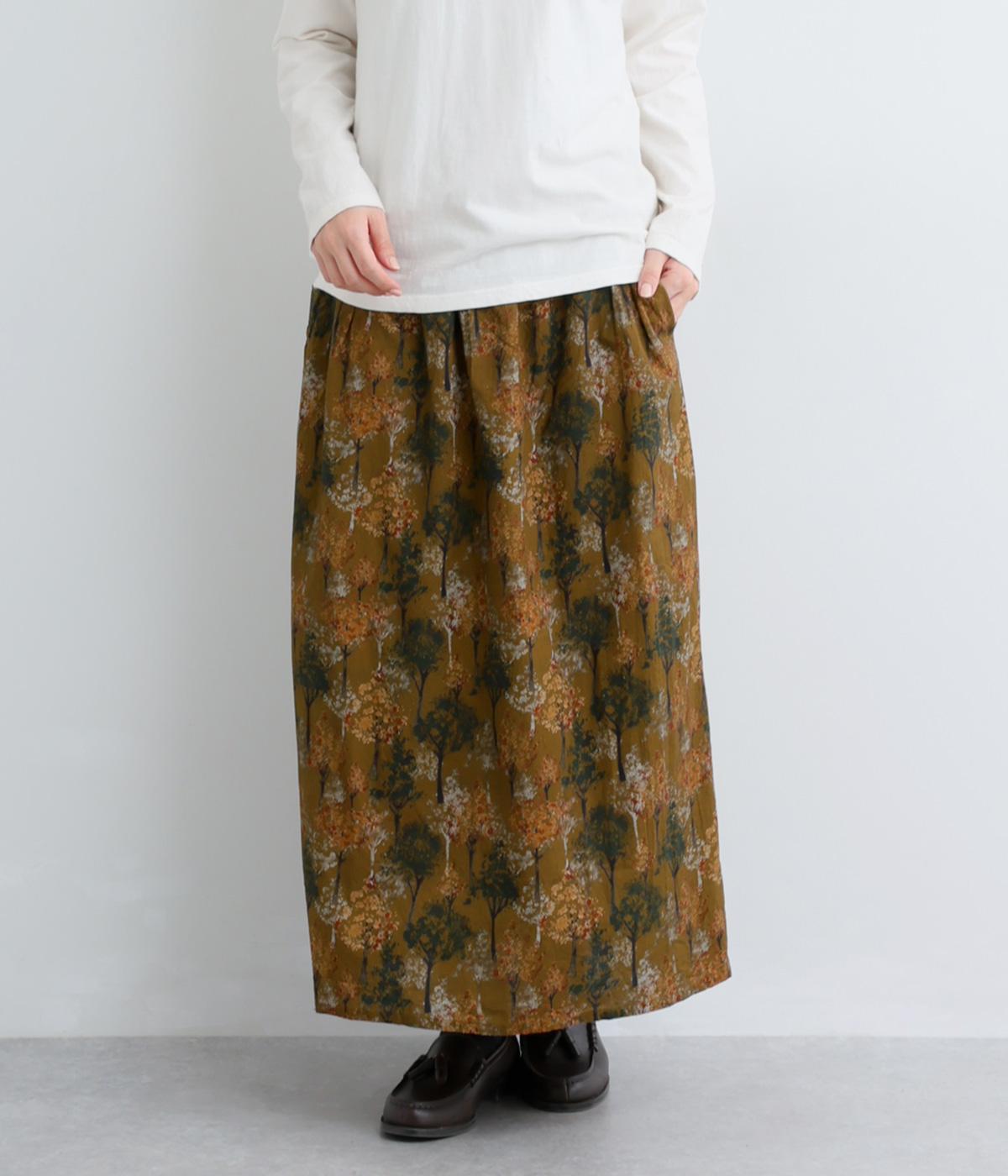 コットン　treesプリント　セミタイトスカート(ブラウン-F)
