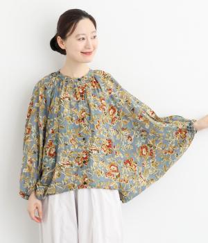 ライトボイルオールドフラワープリントバルーンブラウス(ダークサックス-F)
