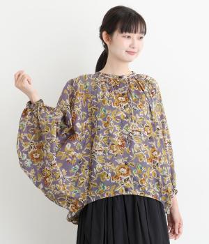 ライトボイルオールドフラワープリントバルーンブラウス(ディムバイオレット-F)