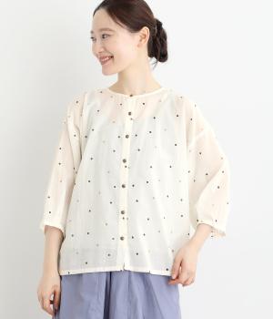 ライトボイルe箔ドットプリントタックスリーブブラウス(オフホワイト-F)