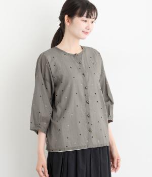 ライトボイルe箔ドットプリントタックスリーブブラウス(モカブラウン-F)