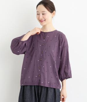 ライトボイルe箔ドットプリントタックスリーブブラウス(ディムバイオレット-F)
