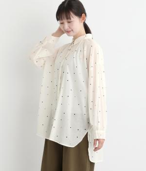 ライトボイル箔ドットプリント襟付きワイドロングシャツ(オフホワイト-F)