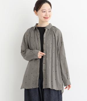 ライトボイル箔ドットプリント襟付きワイドロングシャツ(モカブラウン-F)
