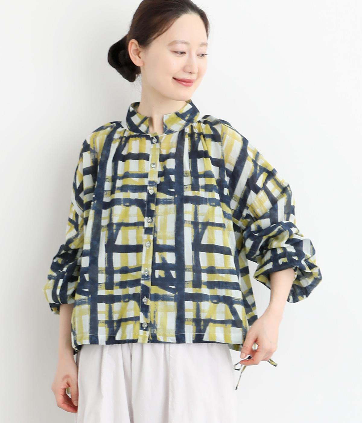 ライトボイル水彩ラインプリントスタンド裾ドロストブラウス(ネイビー-F)