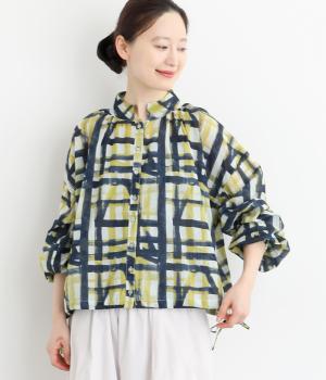 ライトボイル水彩ラインプリントスタンド裾ドロストブラウス(ネイビー-F)