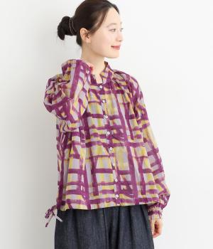 ライトボイル水彩ラインプリントスタンド裾ドロストブラウス(バイオレット-F)